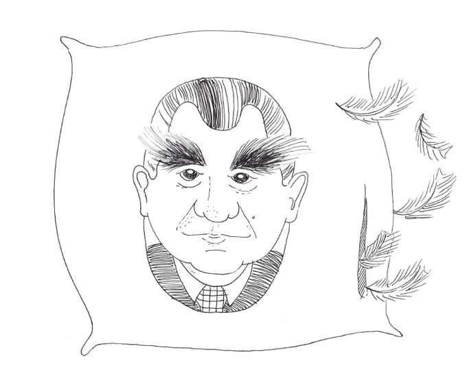Fjerkongen Johs. Petersen i en pragtfuld karikaturtegning. De kæmpemæssige øjenbryn stritter mens de bøjede hønsefjer flyver lystigt afsted